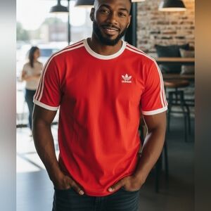 EUC Adidas Scarlet Red 3-Stripe Cotton Essentials Tee - Size Large!